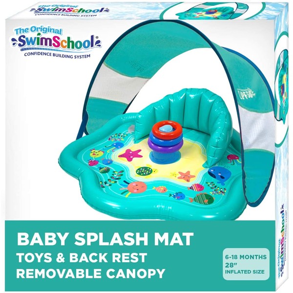SwimSchool Splash Play Mat, Inflatable Kiddie Pool with Backrest and Canopy, Includes Three Stackable Rings, Multicolor