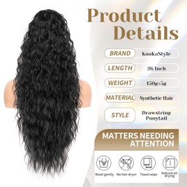 KooKaStyle Ponytail Extension 26 Inch Drawstring Pony Tails Hair Extensions for Women Long Curly Ponytail Synthetic Hairpieces for Daily Use（Black）