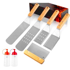 7 Piece Stainless Steel Metal Spatula Set-Burger Flipper-4 Spatulas, Chopper, Scraper, + 2 Bottles-for BBQ Grill Flat Top Blackstone