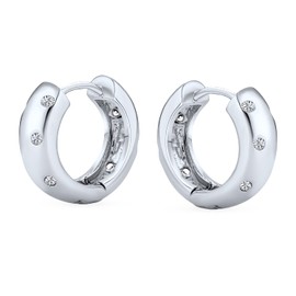 Zig Zag Bezel Set Cubic Zirconia Wide Kpop Huggie Hoop Earrings For Women For Men Polished .925 Sterling Silver