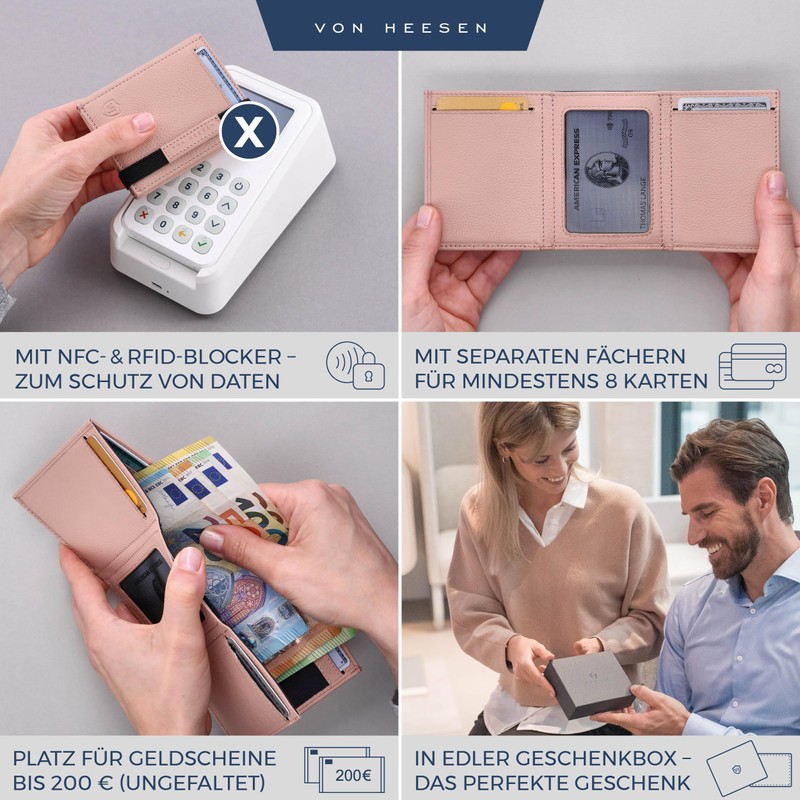 VON HEESEN slim wallet, rose, With mini coin compartment