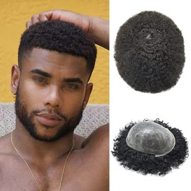 Hair Units for Black Men's Afro Toupee for Man Weave Units Curly Hair Replacement System Injected Full PU Afro Wigs for Mens Hairpieces 1# Jet Black, 8mm Coily Wavy