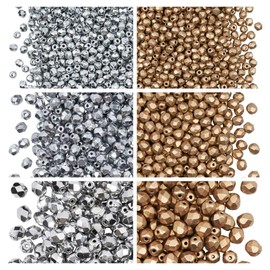 Czech Faceted Glass Beads, Fire-Polished, Round 3mm, 4mm, 6mm. Two Colors: Silver and Gold. A Total of 500 Pieces of Beads. Set 2CFP 011 (3FP033 3FP007 4FP033 4FP085 6FP033 6FP077)