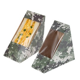 Restaurantware Cafe Vision 4.8 x 2.8 Inch Sandwich Paper Boxes, 25 Medium Sandwich Wedge Boxes - With Window, Disposable, Camouflage Paper Triangle Sandwich Containers, Grease-Impervious Lining