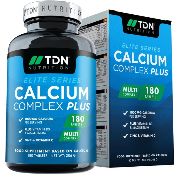 Calcium and Vitamin D Supplement - 180 Tablets - High Strength 1000mg Calcium Complex with Vitamin D3 Plus, Magnesium, Zinc and Vitamin C - Supports Bones, Cartilage and Muscle - Osteo Supplements