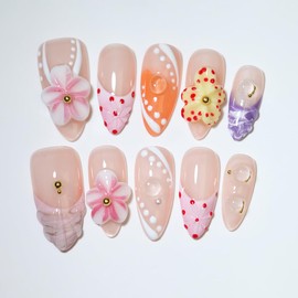 10Pcs Handmade Reusable Almond press on nails | Misty Floral Cluster with Pink-Orange-Purple 3D Embossed Polka Dots & Pearls, For Women & Girls, Daily & Party Wear(Flower A19, XS)