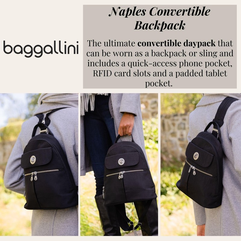 Baggallini Naples Convertible Backpack - Travel Sling Crossbody - 12"
