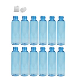 Premium Essential Oil 2 Ounce Cosmo Round Bottles, PET Plastic Empty Fillable BPA-Free, with Natual Color Press Down Disc Caps (Pack of 12) (Light Blue)