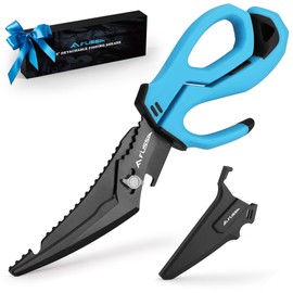 FLISSA 10" Fishing Scissors, Stainless Steel Detachable Kitchen Scissors, Fishing Shears with Fin Clipper & Fish Scaler, Non-Slip Grip, Protective Sheath