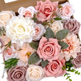 Artificial Flowers Combo Set Fake Dusty Pink Bouquet w/Stems Box Mix Faux Silk Dahlia Roses Bulk for Wedding Arrangements DIY Bridal Floral Baby Shower Table Centerpieces Birthday Party Home Decor