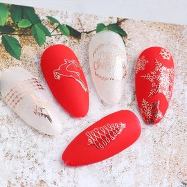 LANODO 9 Pcs Christmas Nail Stickers 3D Paste Snow Flowers Reindeer Pattern Nail Art DIY Accessory Female Long Model Beautiful Nail Sticker (Color: Red Color/Red)