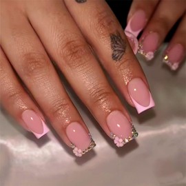 IMRAIN Press on Nails Short Square Fake Nails Pink French Tips Acrylic False Nails Full Cover Glossy Gel Glue on Nails Squoval Rhinestone Flower Artificial Nail Art Manicure Decoration 24Pcs