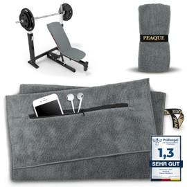 PEAQUE Fitness-Handtuch mit Reißverschlusstasche | Mikrofaser mit Frottee-Struktur | Sport-Handtuch für Fitnessstudio und Gym | weich, schnelltrocknend (Grau, 100 x 40 cm)