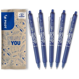 PILOT, Frixion Clicker Pacco Da 5, Penna Cancellabile Al Calore Con Inchiostro Termosensibile, Penna a Scatto Ricaricabile Realizzata In Plastica Riciclata, Colore Blu, Tratto Medio