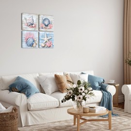 iLOOKLiKE 4 Pieces Beach Seashell Canvas Wall Art Coastal Shell Starfish Coral Conch Painting Pictures Ocean Theme Artwork for Bathroom Bedroom Decoration 12x12inchx4pcs