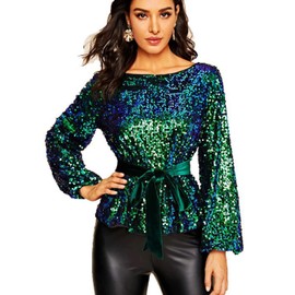 Anna-Kaci Women's Long Sleeve Sequin Crew Neck Fashion Pullovers Sweatshirt, Mermaid, Medium