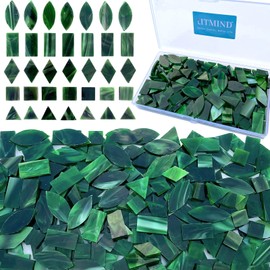 LITMIND Forest Green Stained Glass Mosaic Tiles - 240 Pieces in 5 Shapes (Rectangle, Triangle, Rhombus, Square, Leaf) for Crafts & Mosaic Projects