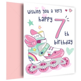 Rollerblades 7th Birthday Card for Girls | Roller Skates & Skating 7 Year Old Girl Bday Card for Granddaughter, Daughter, Sister or Niece, 7th Birthday, Pink