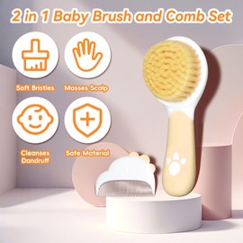Baby Hair Brush and Comb Set, Soft Bristles Cradle Cap Brush for Newborns, Toddlers, Baby Registry Gift (Camel)
