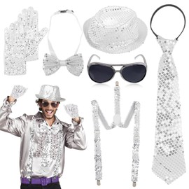 CIGTSICO Men's Glitter Outfit, Glitter Costume Disco Outfit, Men's Glitter Accessories with Glitter Tie, Hat, Bow Tie, Braces, Glitter Suit for Carnival, Fancy Dress, Dance Performance, d'Alene to