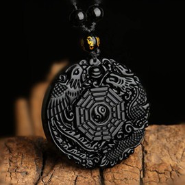 Obsidian Dragon & Phoenix Necklace Black Gemstone Yin Yang Protection Pendant with Adjustable Bead Chain Lucky Talisman Amulet Necklace Jewelry Gifts for Men Women