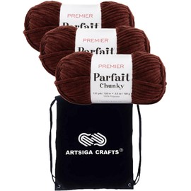 Premier Yarns Parfait Chunky Chocolate 1150-35 (3-Skeins - Same Dye Lot) Weight S Bulky #6 Polyester Yarn for Crocheting and Knitting - Bundle with 1 Artsiga Crafts Project Bag