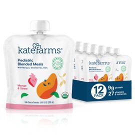 KATE FARMS Organic Pediatric Blended Meal, Mango and Strawberry, 8g protein, organic whole foods, oral or tube feed nutrition, Gluten Free, Non-GMO, 8.45 oz (12 Pack)