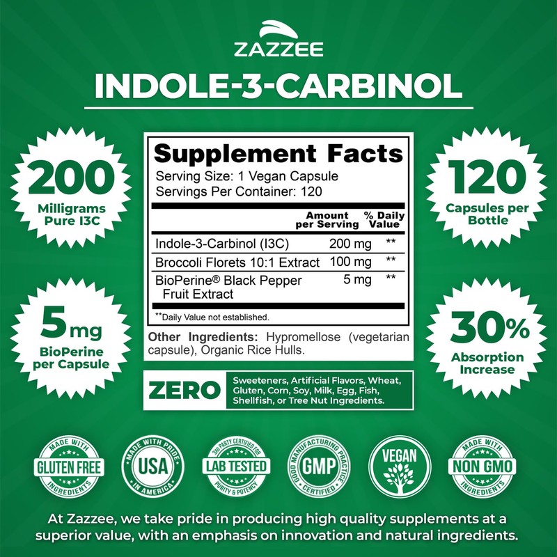 Zazzee High Absorption Indole-3-Carbinol (I3C), 200 mg per Capsule, 120