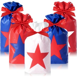 50 Pcs 4th of July Patriotic Gift Bags Decorations, Plastic American Treat Goodie Bags with Red Drawstring, Independence Day Candy Gift Wrapping for Memorial Day Patriotic Party Favor Supplies