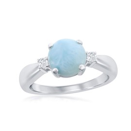 Sterling Silver High Polish Four-Prong Round Larimar with CZ Ring (Size 7)