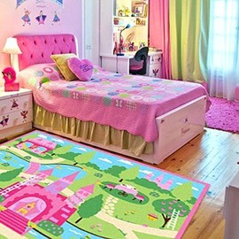 HUAHOO Pink Girls Bedroom Rugs Cartoon Castle Kids Rug Bedroom Floor Rugs Nylon Cartoon Kids Living Room Carpet (130x190cm(51''x75''))