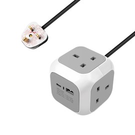 EXTRASTAR 4 Way Cube Extension Lead 1.5M, Power Cube Usb C 3120W, Cube Plug Extension with 2 Usb Ports(5V/3.4A) for Home Office Dorm and Travel - Grey