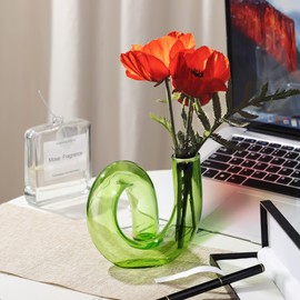 Joeyan Handmade Small Green Glass Flower Vase,Decorative Geometric Glass Bud Vase for Modern Home Centerpieces Living Room Office,4.72" Abstract Vase for Single Flower and Dry Flowers
