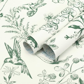 Safiyya 393"x17.3" Wallpaper Floral Birds Contact Paper Green White Wallpaper Peel and Stick Modern Wallpaper Boho Removable Wallpaper for Bathroom Vinyl Rolls