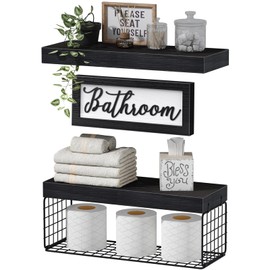 QEEIG Bathroom Decor Shelves Over Toilet - Farmhouse Decorations Aesthetic Décor Sign Small Floating Wall Shelf Paper Storage 2+1 Set 16 inch, Black (020B)