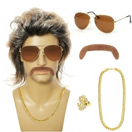 WateryWave Set of 5 Men's 80s Outfit Men's Wigs Moustache for Sticking Sunglasses Necklace Wigs Men's 70s 80s Outfit Costume Men Accessories