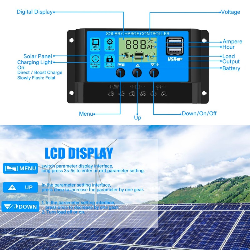 30A PWM Solar Charge Controller, 12V 24V Dual USB Solar