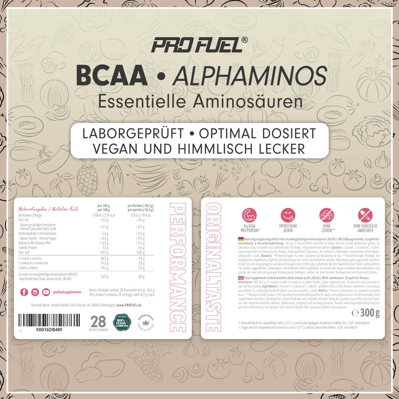 ProFuel BCAA Pulver 900g PINK-GRAPEFRUIT - Alphaminos BCAA 2:1:1 Drink