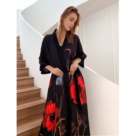 EORUBE Kimono Robes for Women Long Dressing Gown Charmeuse Satin Floral Printed Silky Robe Sleepwear Wedding Bachelorette Party (Black - Red Flower)