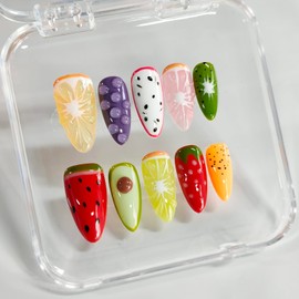Handmade Nails 3D Fruit Almond Press on Nails Medium Length Cute Thick Acrylic Fake Nails Summer False Nails with Strawberry Kiwi Designs Colorful Nail Art Press on Nails 10Pcs(S)