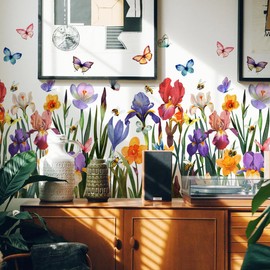 Runtoo Wall Sticker Garden Flowers Butterflies Wall Sticker Colourful Flowers Wall Sticker Living Room Bedroom Children's Room Baby Room Wall Decoration