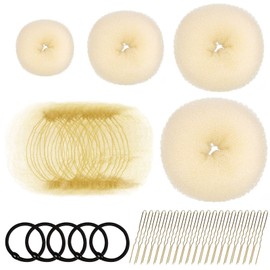 Hair Bun Maker, FANDAMEI Hair Donut Bun Maker Set with 4PCS Donut Bun(1 Extra-large, 1 Large, 1 Medium and 1 Small), 20PCS Invisible Hair Nets, 20PCS Hair Pins and 5PCS Hair Elastic Bands(Gold)