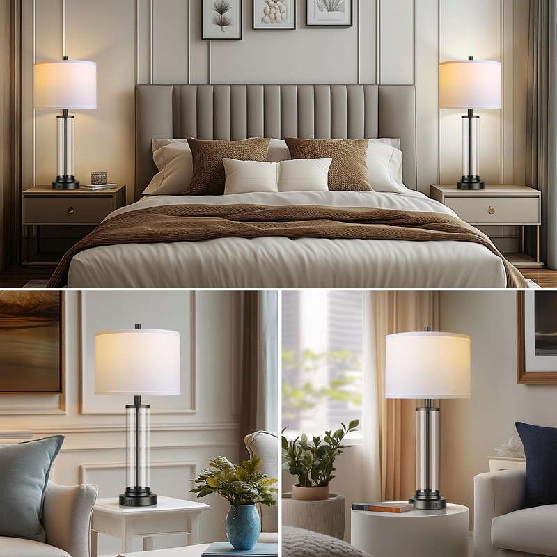 Glass Table Lamps Set of 2, Modern Black Dimmable Beside
