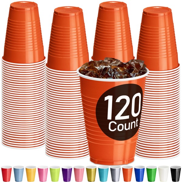 DecorRack 120 Party Cups 12 oz Disposable Plastic Cups for Birthday Party Bachelorette Camping Indoor Outdoor Events Beverage Drinking Cups (Orange, 120)
