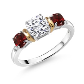 Gem Stone King 1.98 Cttw 925 Silver and 10K Yellow Gold White Moissanite Red Garnet and Diamond 3-Stone Ring | 3 Stone Wedding Engagement Anniversary Promise Ring For Women (Size 8)