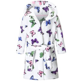 Umeyda Toddler Little Big Girls Kids Soft Fleece Plush Flannel Cute Butterfly Pattern Hoodie Bathrobes Robe, Cream, US 7-8 Years