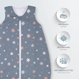 Julius Zöllner Jersey Sleeping Bag, Warm Filling 2.5 Tog, Washable at 60°C, Made in Germany, Oeko-Tex Standard 100, Shiny Stars, Size 50/56