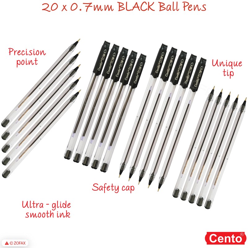 Slim Ballpoint Pens, BLACK, Pack of 20, Fine Point (0.7mm),