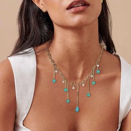 HZMAN 14K Gold Plated Necklace for Women 21In Boho Turquoise Pearl Tassel Chain Necklace Jewelry Gift