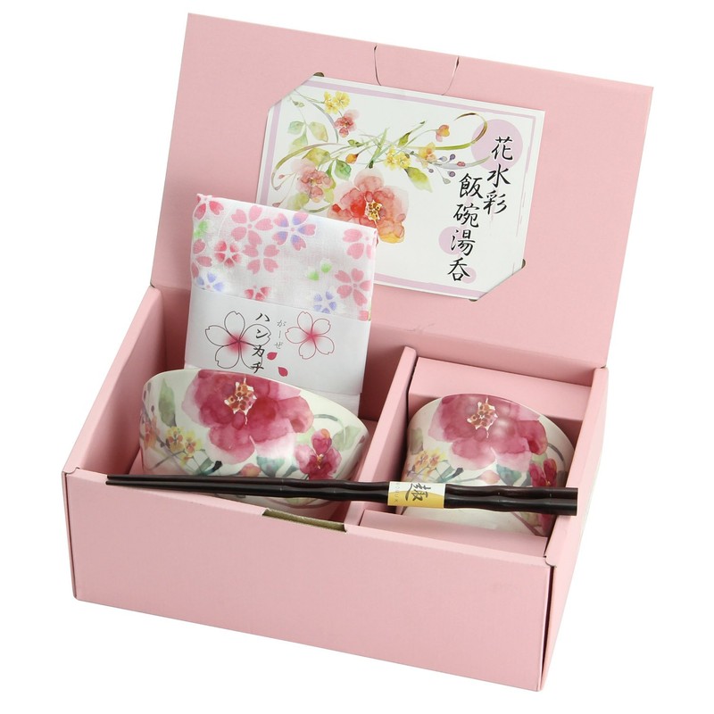 Flower Watercolor Rice Bowl with Tea Bowl (handkerchief)